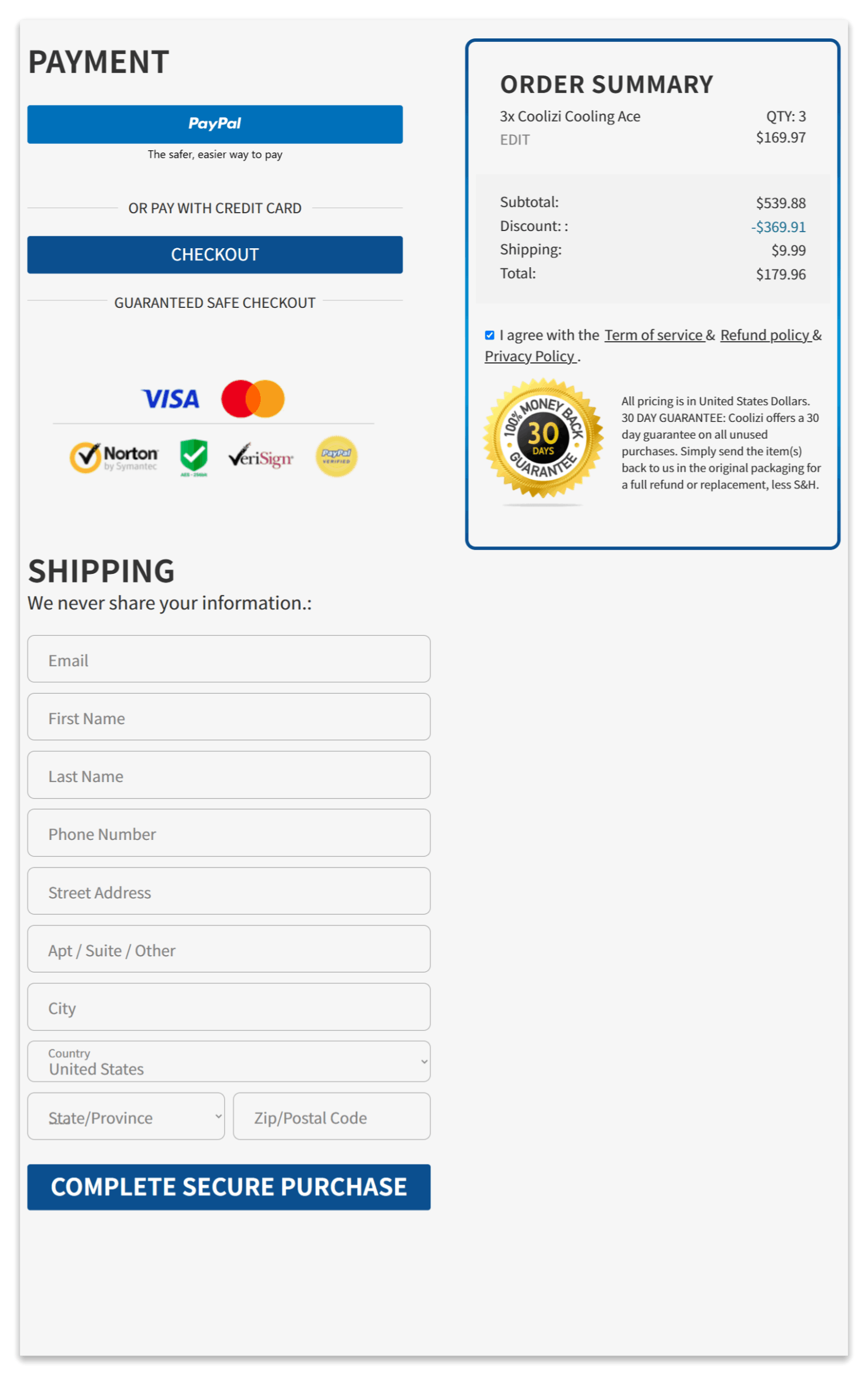 ChillReleaf Cooling Ace checkout page